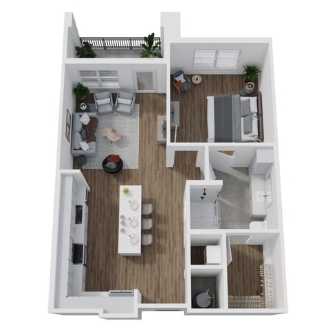 A 3D image of the 1A floorplan, a 783 squarefoot, 1 bed / 1 bath unit