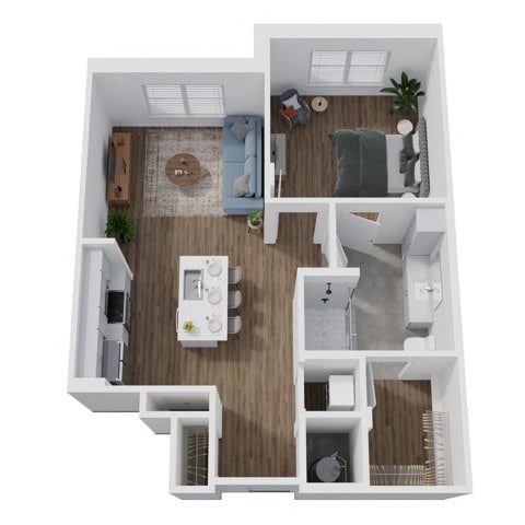 A 3D image of the 1A.2 floorplan, a 751 squarefoot, 1 bed / 1 bath unit