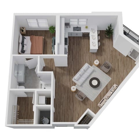 A 3D image of the 1C floorplan, a 835 squarefoot, 1 bed / 1 bath unit