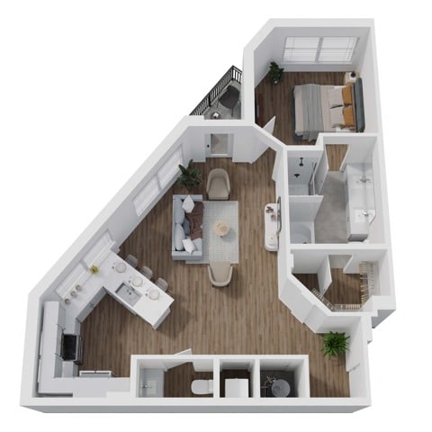 A 3D image of the 1D floorplan, a 987 squarefoot, 1 bed / 1 bath unit