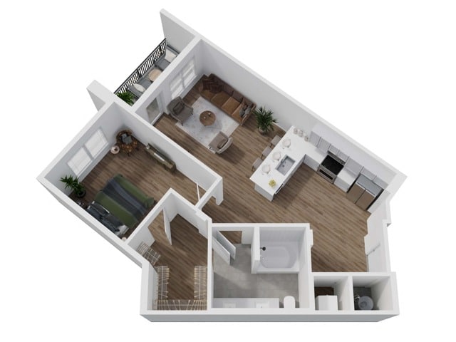 A 3D image of the 1E floorplan, a 824 squarefoot, 1 bed / 1 bath unit