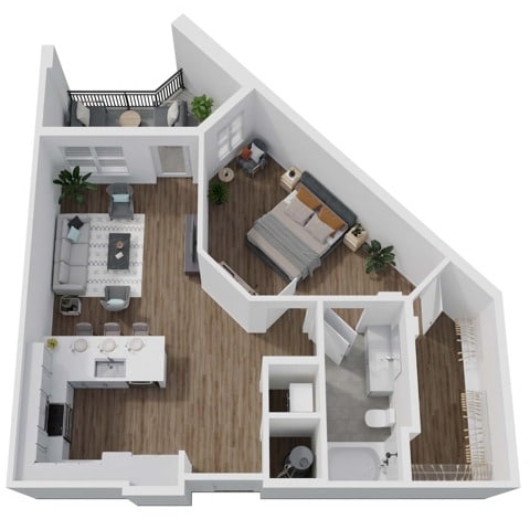 A 3D image of the 1F floorplan, a 827 squarefoot, 1 bed / 1 bath unit