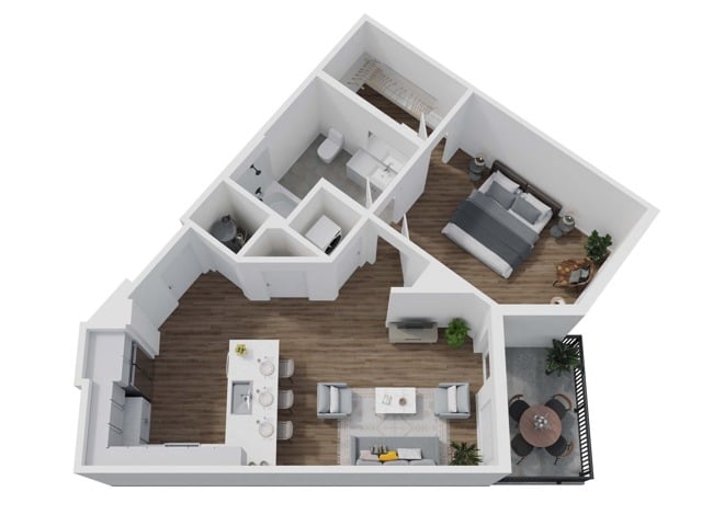 A 3D image of the 1G floorplan, a 731 squarefoot, 1 bed / 1 bath unit