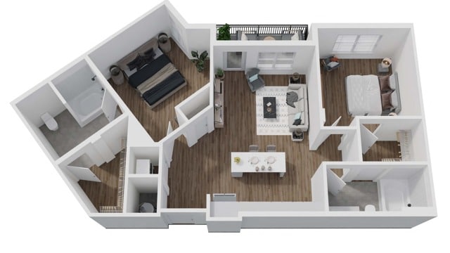 A 3D image of the 2A floorplan, a 1087 squarefoot, 2 bed / 2 bath unit