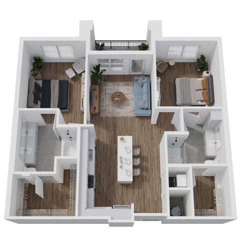 A 3D image of the 2B floorplan, a 1129 squarefoot, 2 bed / 2 bath unit