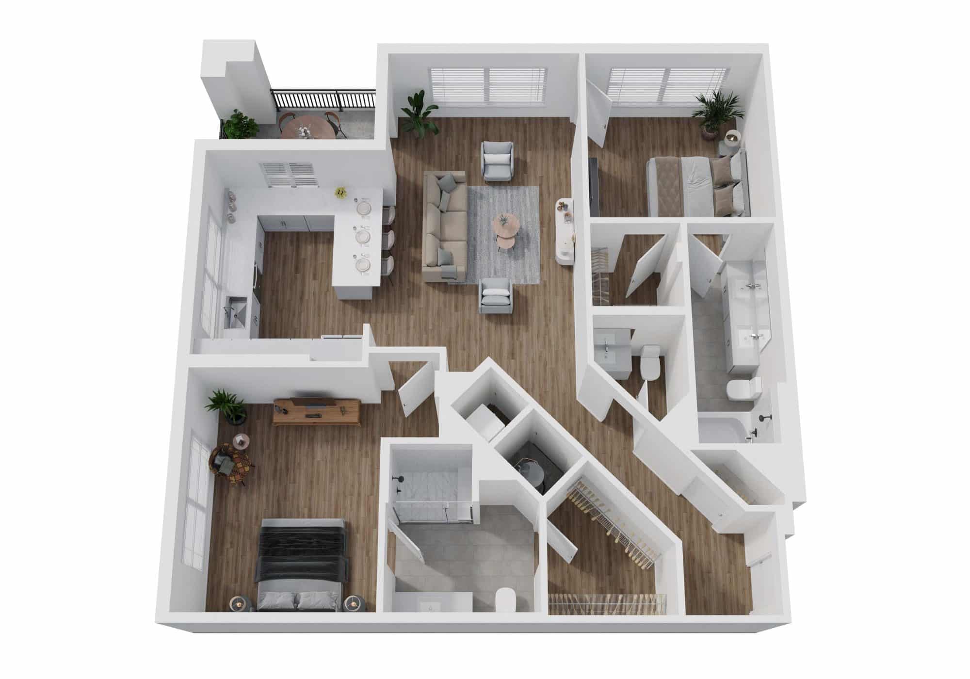 A 3D image of the 2C floorplan, a 1353 squarefoot, 2 bed / 2 bath unit