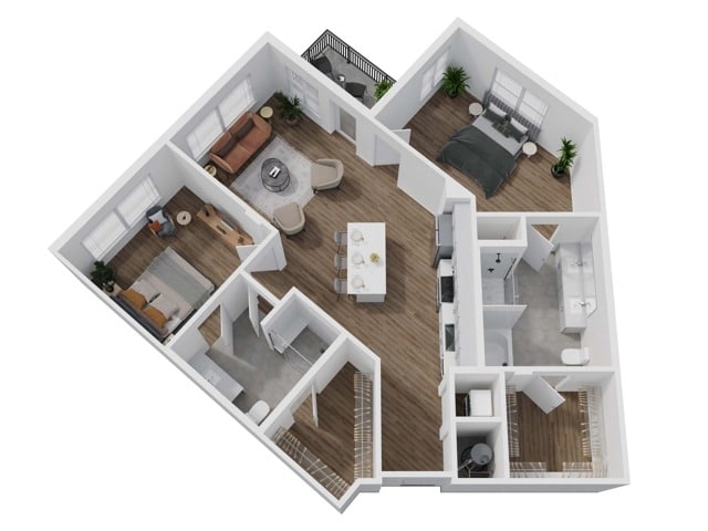 A 3D image of the 2D floorplan, a 1266 squarefoot, 2 bed / 2 bath unit