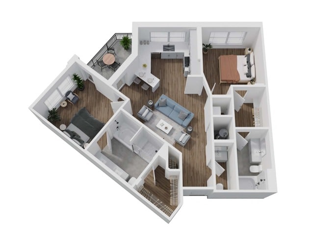 A 3D image of the 2E floorplan, a 1077 squarefoot, 2 bed / 2 bath unit