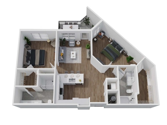 A 3D image of the 2F floorplan, a 1169 squarefoot, 2 bed / 2 bath unit