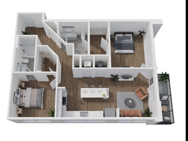 A 3D image of the 2G floorplan, a 1187 squarefoot, 2 bed / 2 bath unit