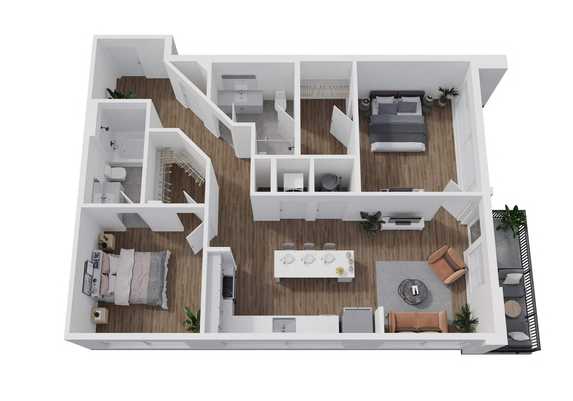 A 3D image of the 2G floorplan, a 1187 squarefoot, 2 bed / 2 bath unit